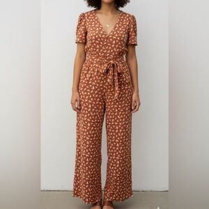 Ivy City Co Orange & White Floral Short Sleeve Button Front Jumpsuit SIZE SMALL